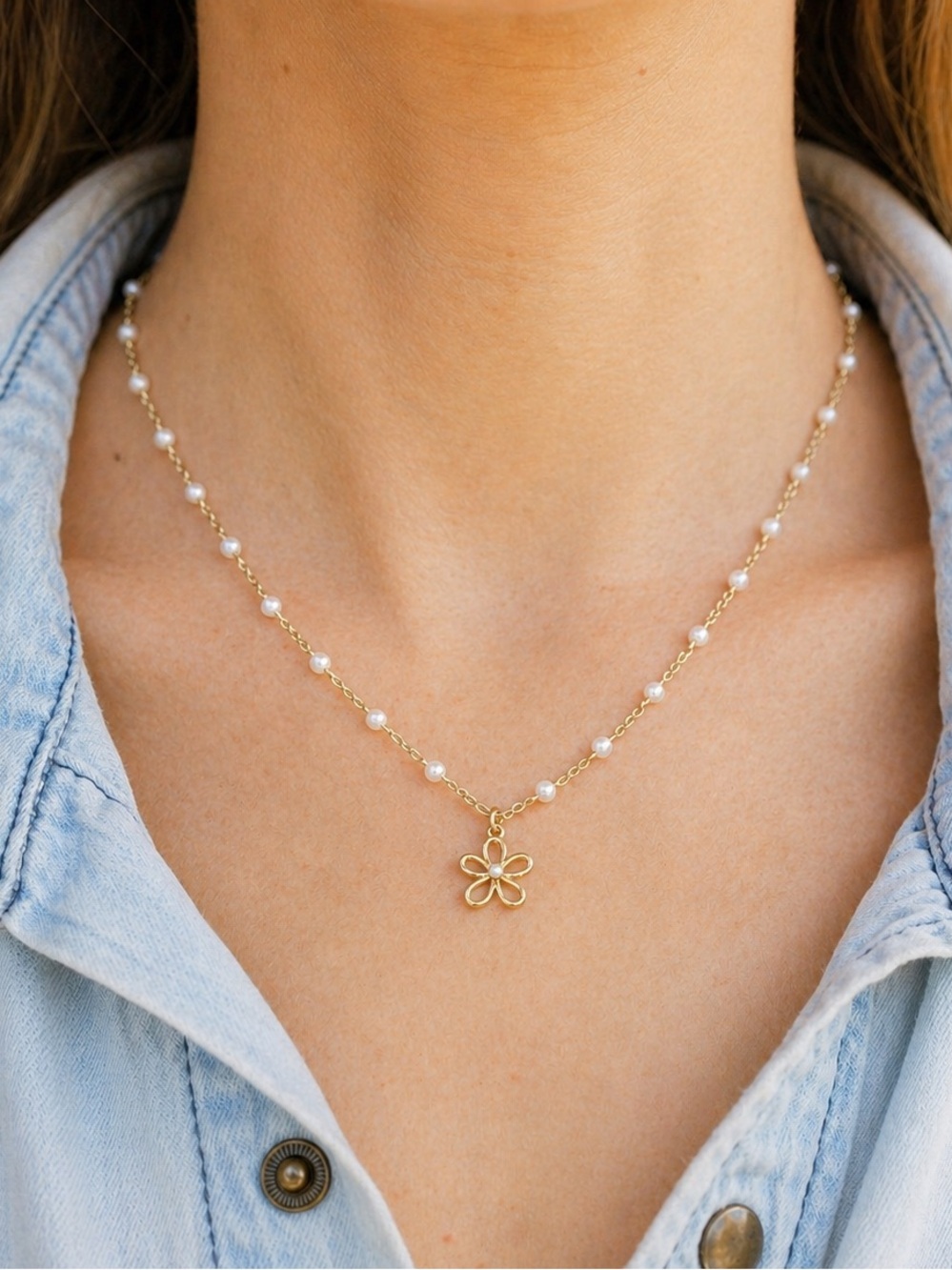 Dainty Pearl Beaded Flower Pendant Necklace (4519)